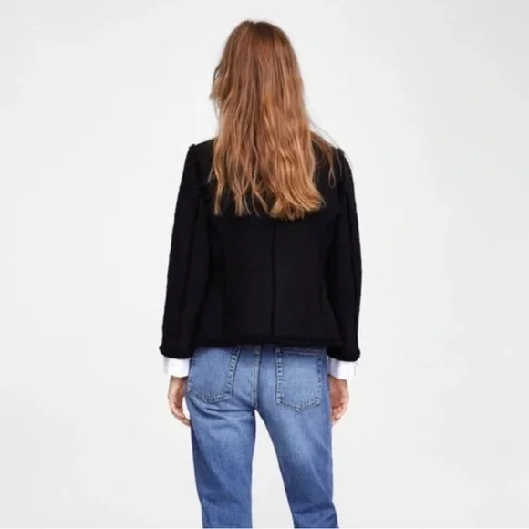 ZARA Black Tweed Frayed Blazer with Gem Buttons Size Large - Picture 3 of 9